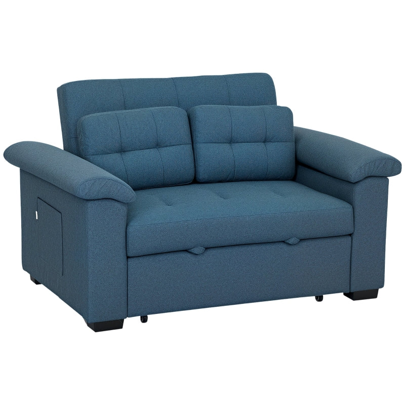 Fabric 2-Seater Click Clack Sofa Bed with Pocket Springs, Convertible Couch with Pillows and Side Pockets in Blue