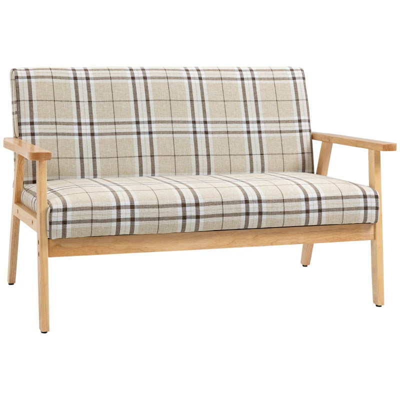 Compact Loveseat Sofa with Lattice Design and Rubber Wood Frame in Beige and Coffee