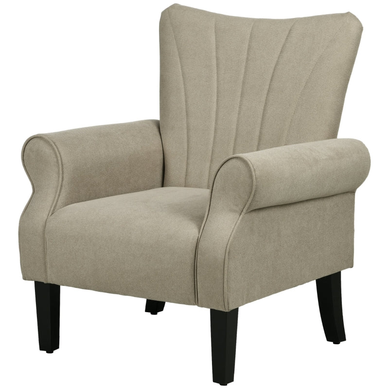 Beige Upholstered Accent Chair with Rolled Arms and Wooden Legs for Living Room or Bedroom