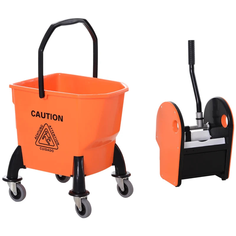 25L Mop Bucket with Wringer, Wheels & Handle - Durable Orange Cleaning Solution for Easy Floor Maintenance
