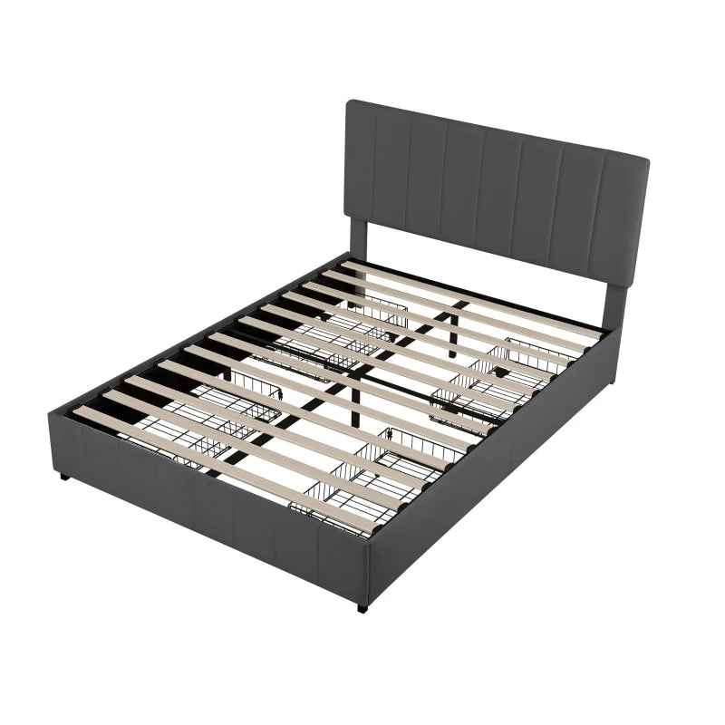Velvet Double Bed with 4 Storage Drawers & Adjustable Tufted Headboard - Easy Assembly, Grey, 196L x 143W x 108H cm