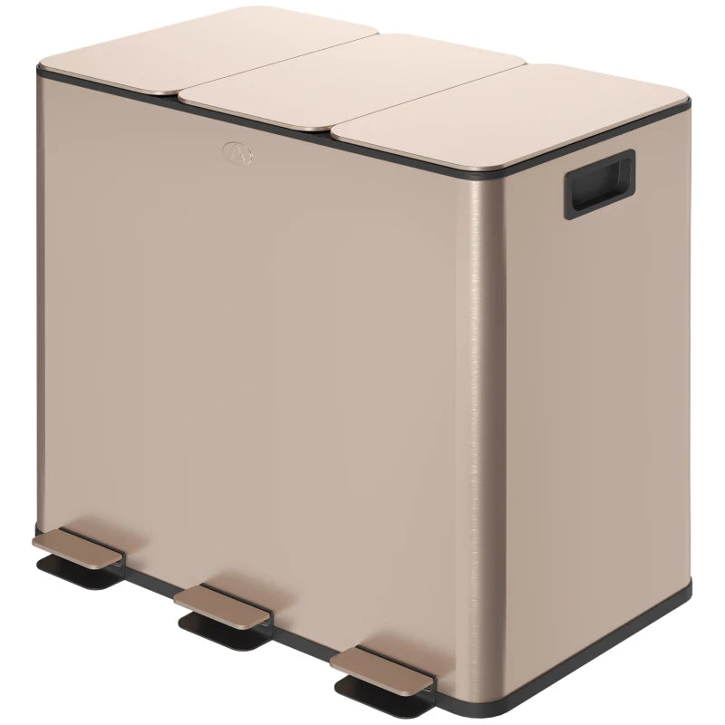 45L Triple Compartment Stainless Steel Bin with Deodoriser Holders - Elegant Gold Tone Waste Management Solution
