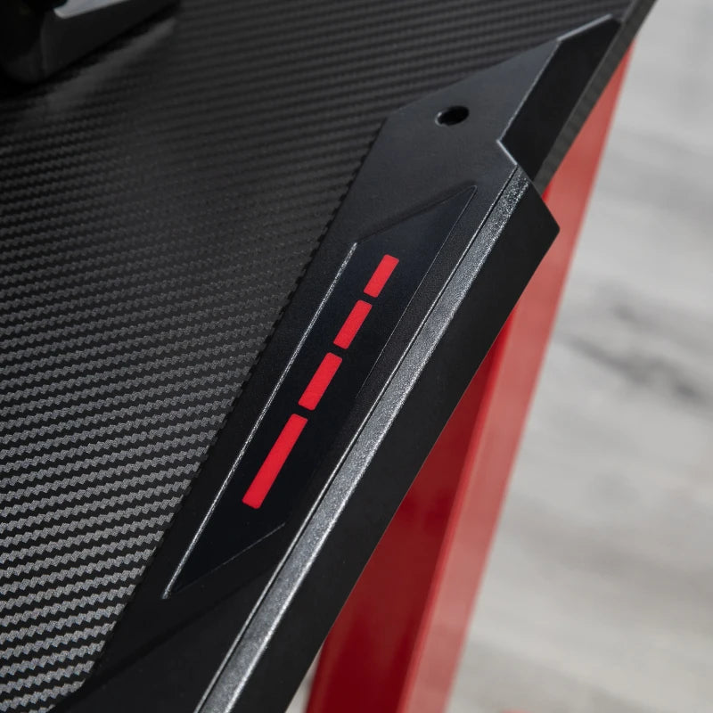 Carbon Fibre Gaming Desk 122x66 cm - Black & Red Gamer Workstation with Headphone Hook, Cup Holder & Gamepad Storage
