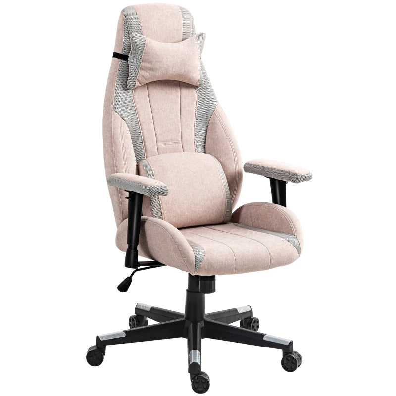 Ergonomic Pale Pink Fabric Gaming Chair with Lumbar Support & Headrest - Perfect for Comfort & Style in Gaming
