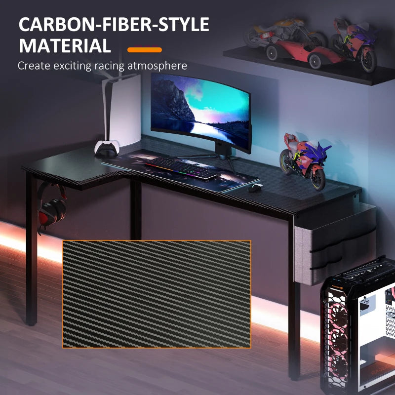 L-Shaped Gaming Desk with Fabric Bag, Hooks & Cable Management - 145x81x76cm - Stylish Black Computer Desk