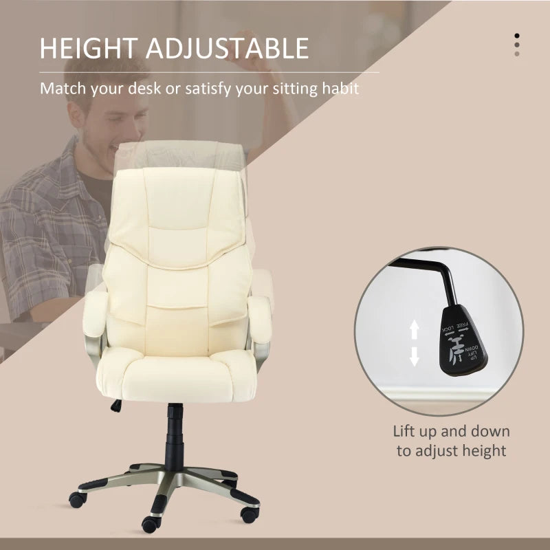 High Back Home Office Chair - Adjustable Cream White Faux Leather Desk Chair with Rocking Function