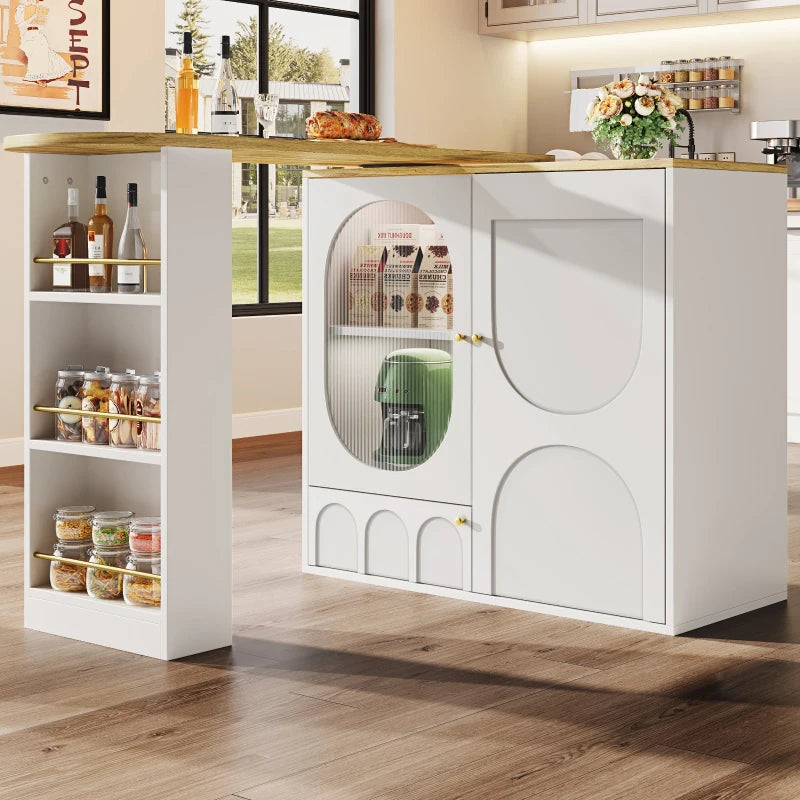 360° Rotating Bar Table with Storage Shelves & Metal Handles - Multi-Functional Dining Table & Sideboard, White, 204L x 39W x 105H cm