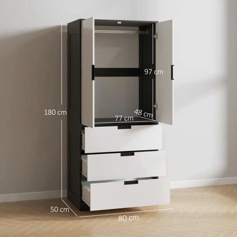 Modern 2 Door Wardrobe with 3 Drawers and Hanging Rod for Stylish Bedroom Storage