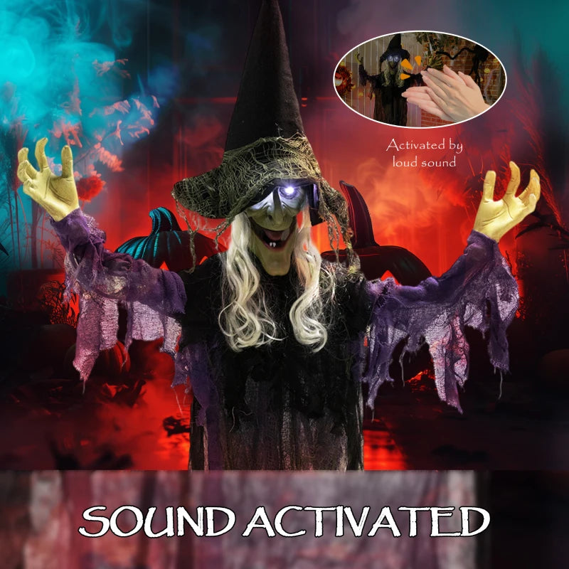 183 cm Life Size Animated Hanging Witch with Glowing LED Eyes - Spooky Halloween Decoration, Battery Operated Indoor Party Prop