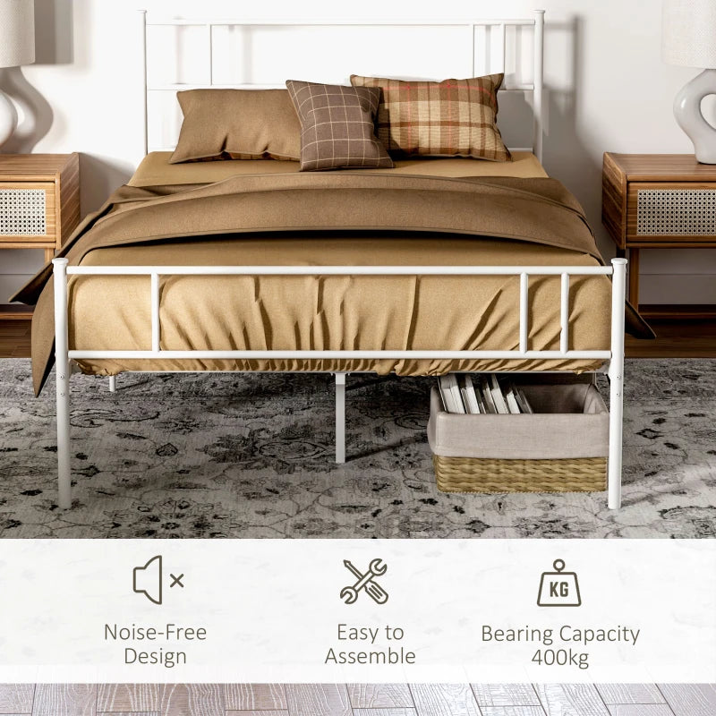 Double Metal Bed Frame with Headboard & Footboard - Solid Slat Support, Underbed Storage, Stylish White Bedroom Furniture