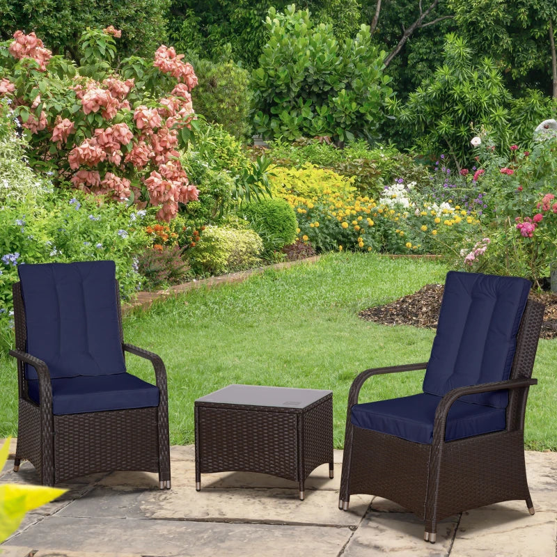 Dark Blue 3-Piece Patio Rattan Bistro Set with Cushioned Chairs and Coffee Table