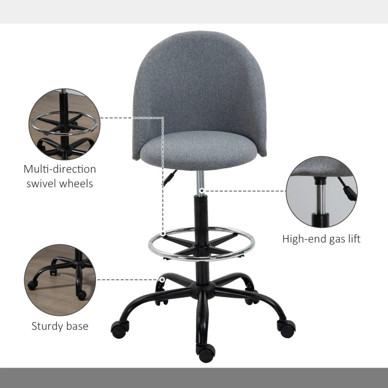Vinsetto Ergonomic Drafting Chair - Adjustable Height, 360° Swivel, Padded Seat & Footrest, 5 Wheels - Grey for Home Office