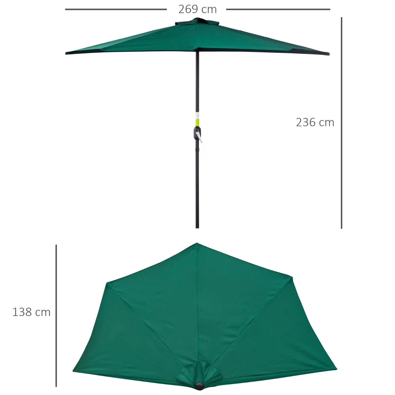 Green 2.7m Half Garden Parasol with 5 Steel Ribs