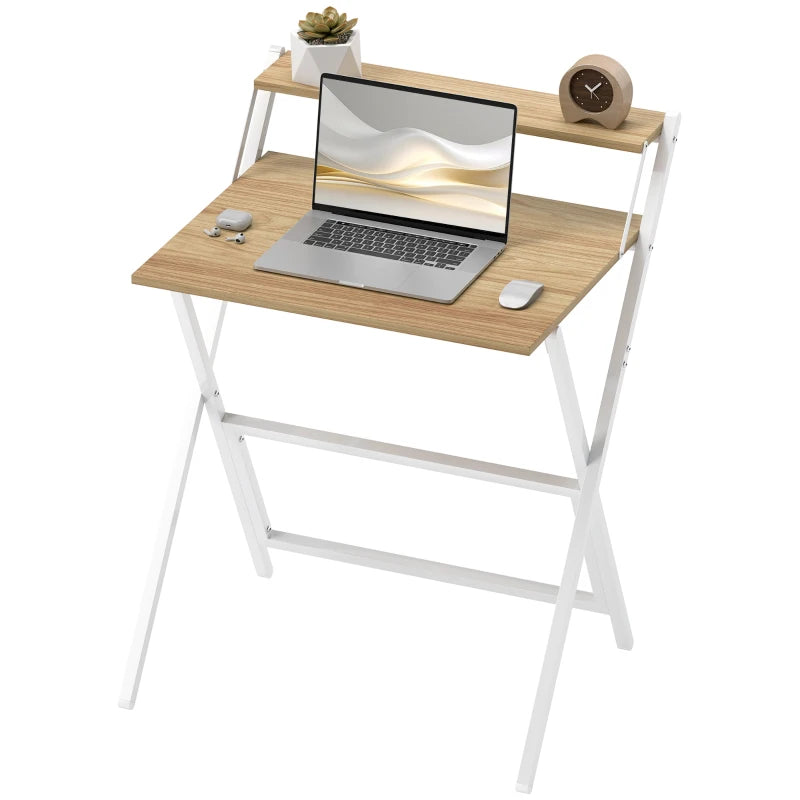 70 cm Folding Computer Desk with Monitor Shelf - Stylish Natural Wood Finish for Home Office & Study