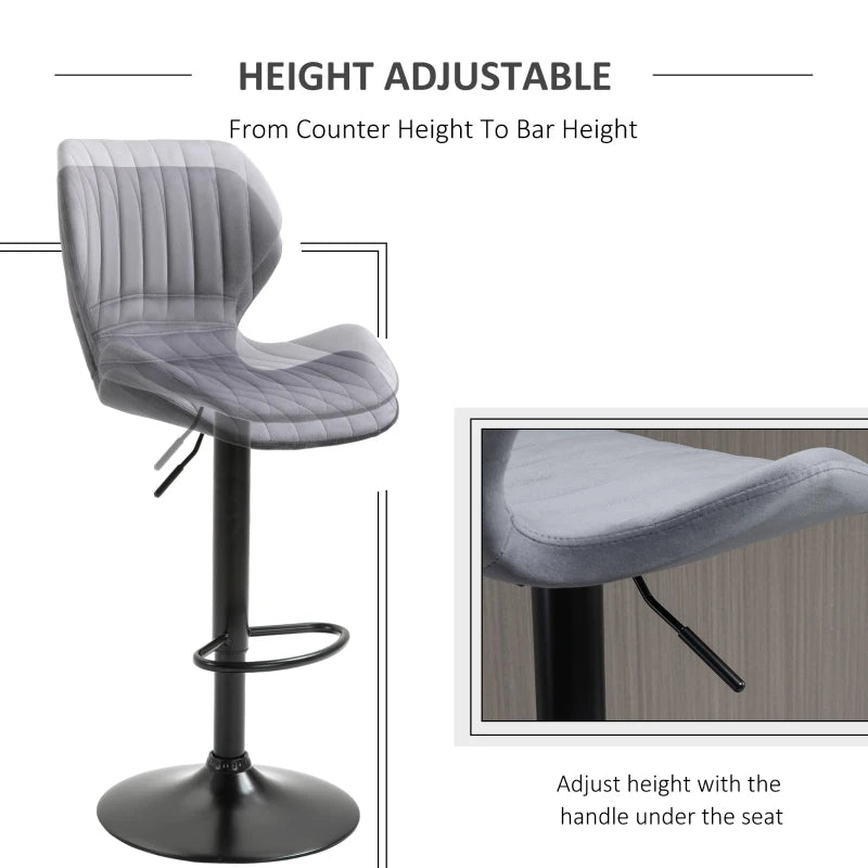 Stylish Grey Velvet Bar Stool Set of 2 - Adjustable Height Swivel Counter Chairs with Footrest for Modern Home Decor