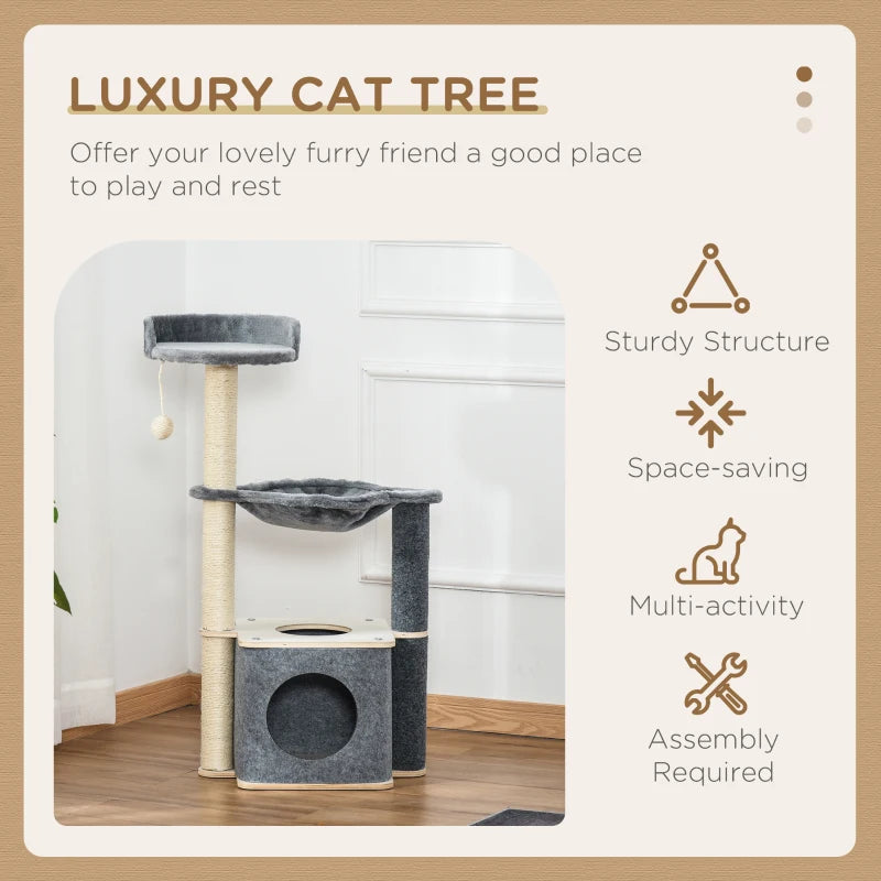 95cm Cat Tree for Indoor Cats - Climbing Tower with Scratching Post, Condo, Hammock & Hanging Toy - Grey