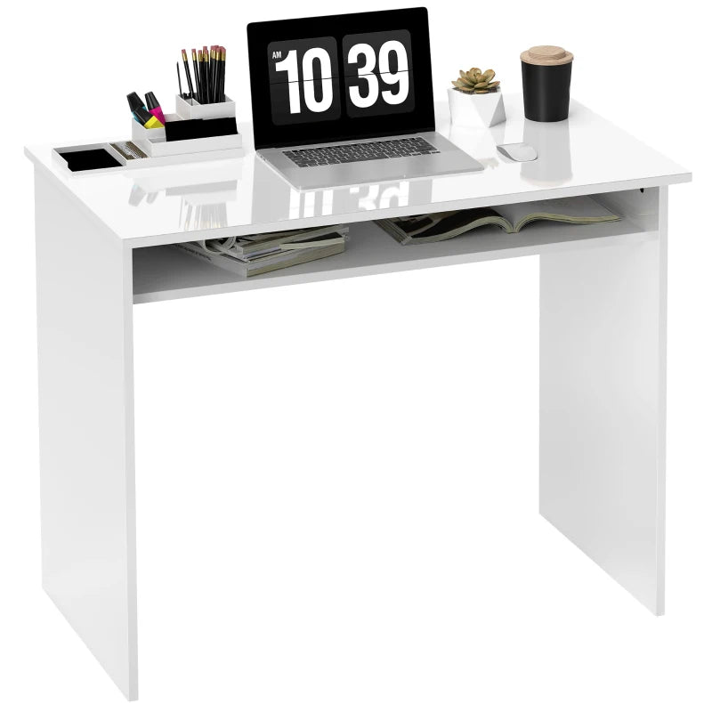Modern 90x50cm High Gloss White Computer Table - Stylish Home Office Desk with Storage Shelf for Small Spaces