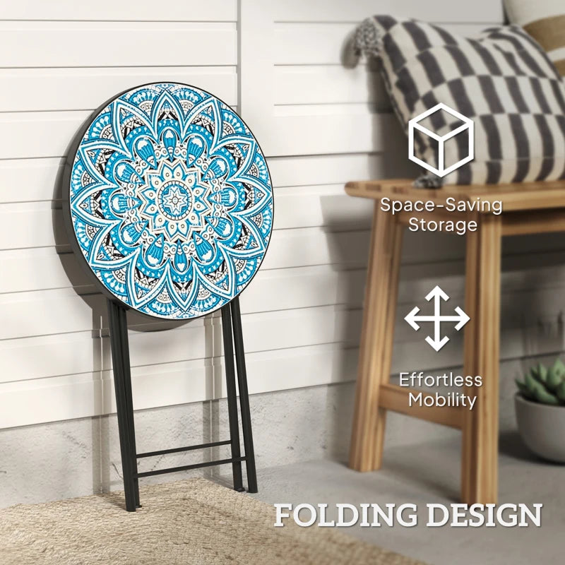 Mosaic Round Folding Garden Table, 35.5cm Blue Coffee Table for Balcony & Terrace