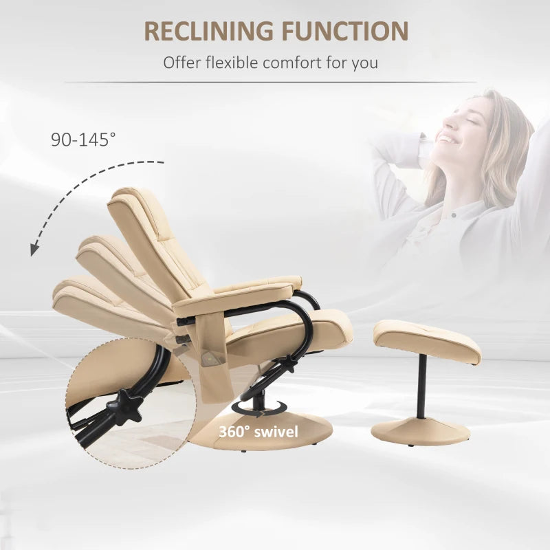 Cream PU Leather Reclining Armchair with Massage Function and Ottoman - Manual Sofa Chair