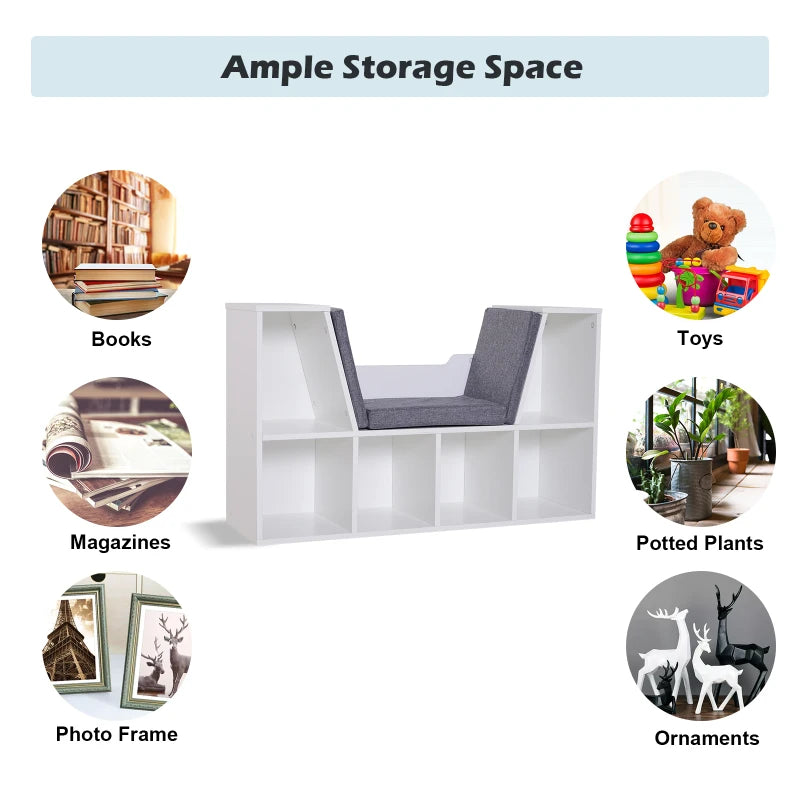 Stylish White Bookcase Storage Shelf with Cushioned Reading Seat - Cube Bookshelf Organizer for Bedroom & Living Room