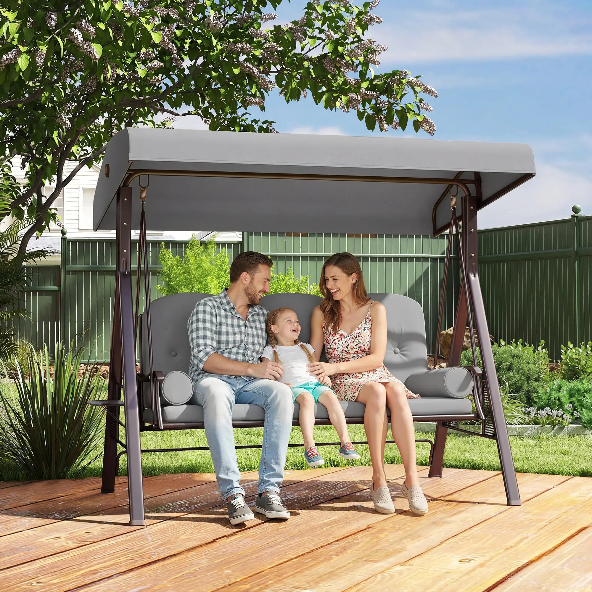 3 Seater Garden Swing Chair with Adjustable Canopy, Cushioned Outdoor Patio Swing Seat, Heavy-Duty Steel Frame, Cup Holder Trays, Weather-Resistant Light Grey Canopy Swing Bench for Garden