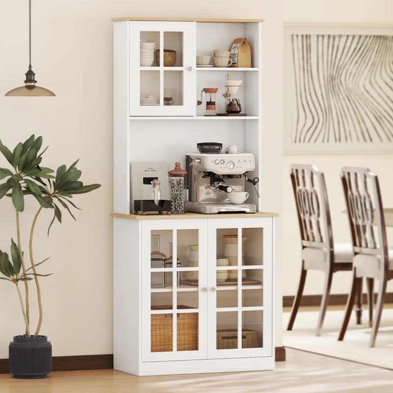 Freestanding Kitchen Storage Cabinet with Adjustable Shelves and Glass Doors 80L x 37W x 183H cm White