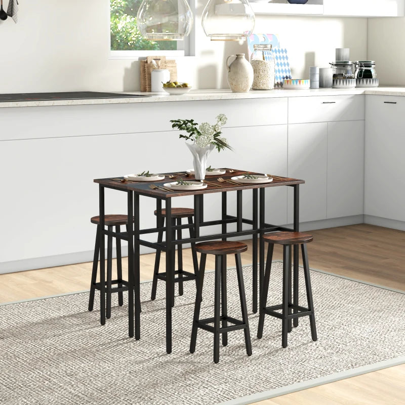6-Piece Rustic Brown Bar Table Set - Space-Saving Counter Height Dining Set with 2 Tables & 4 Stools for Small Spaces