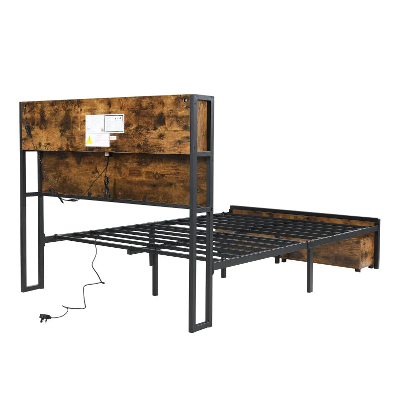 Metal Double Bed with LED Lights & Charging Ports, Storage Base, 209x137.5x114.5 cm, Black & Natural Finish