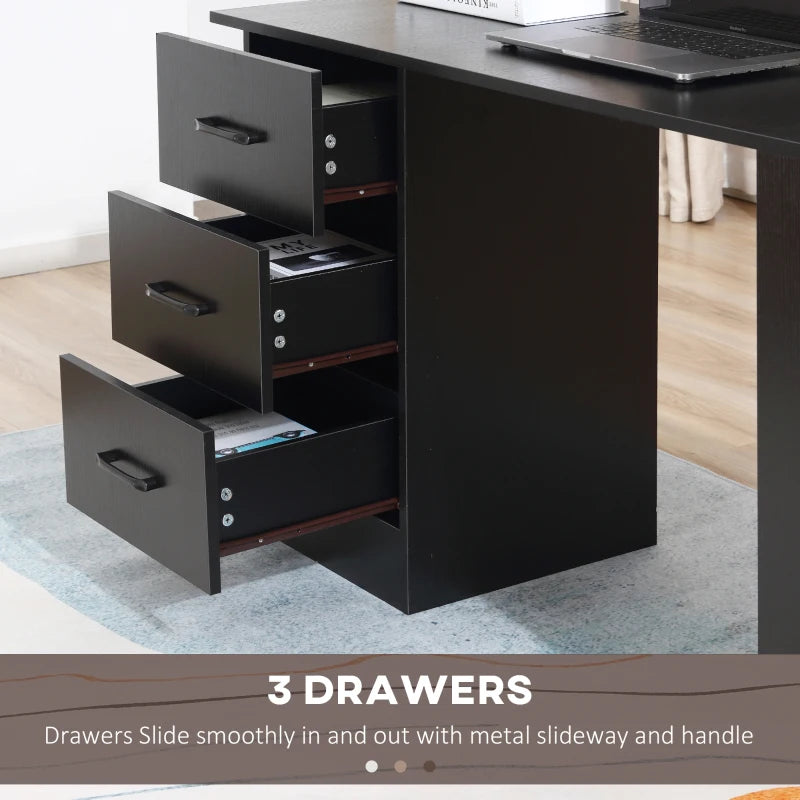 Modern Black Computer Desk with 3 Storage Shelves & Drawers - Stylish Writing Table for Home Office Workstation