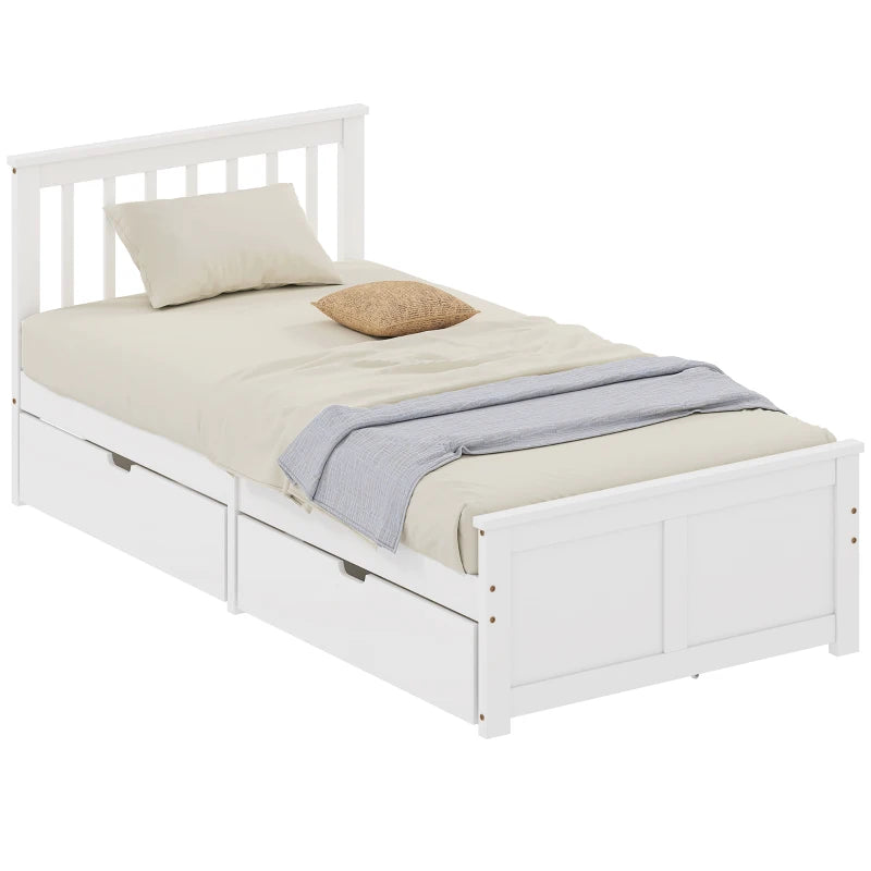 Stylish White Wooden Single Bed Frame with Storage Drawers - Perfect for Kids and Guest Rooms