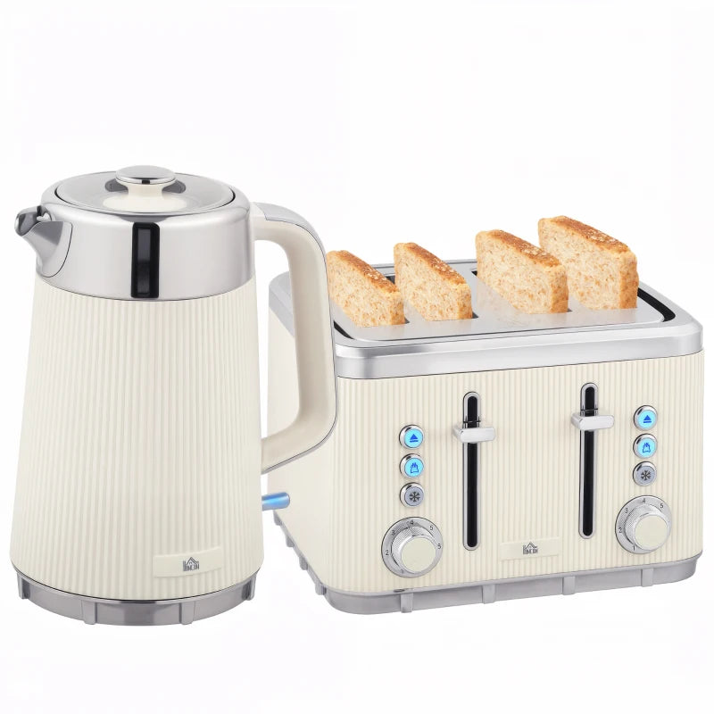 Electric Stainless Steel Kettle & Toaster Set - 3000W Fast Boil, 1.7L, UK Strix Thermostat, 4 Slice, Cream Finish