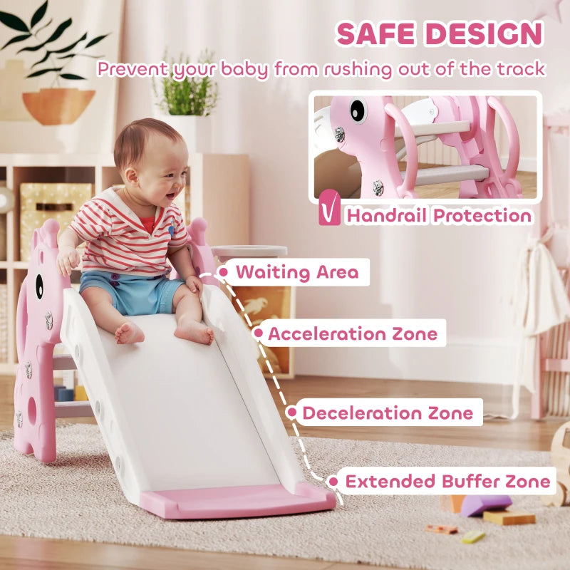 Giraffe Shape 3 in 1 Kids Slide Climber with Basketball Hoop for Indoor Play Age 1-3 Pink