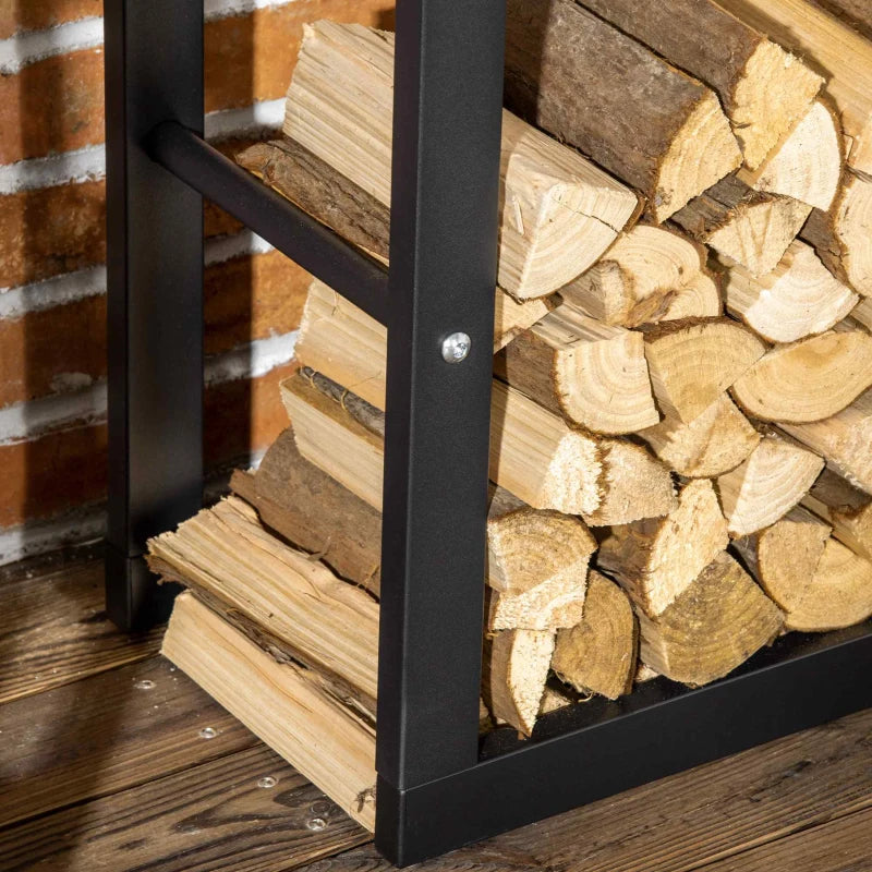 Tall Metal Firewood Log Holder Rack - Indoor Outdoor Fireplace Wood Storage Shelf, Rust-Resistant, Black, 60W x 25D x 100H cm