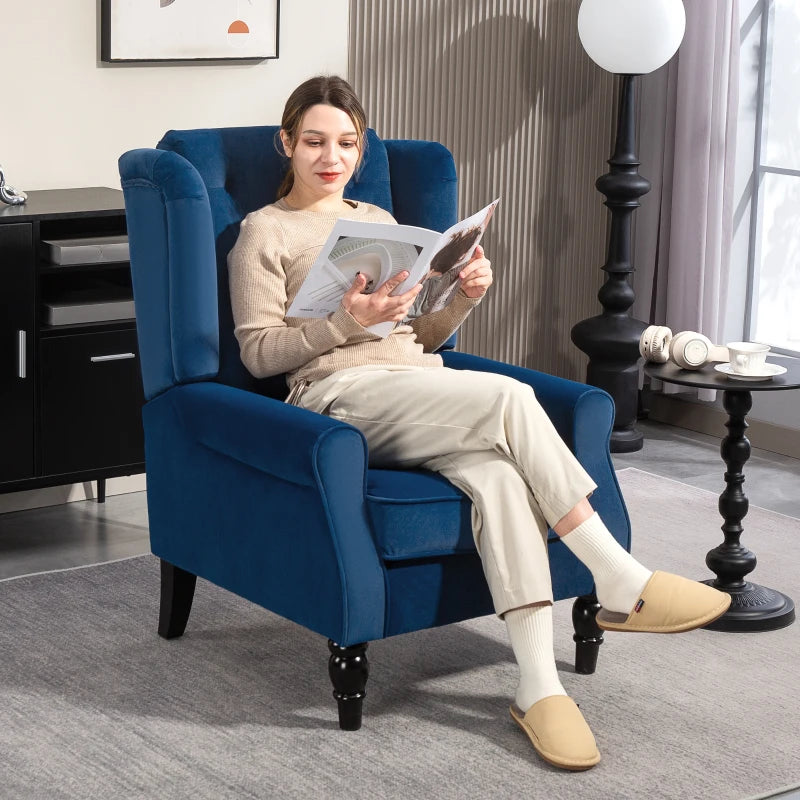 Retro Upholstered Wingback Accent Chair with Button Tufting for Living Room and Bedroom in Blue