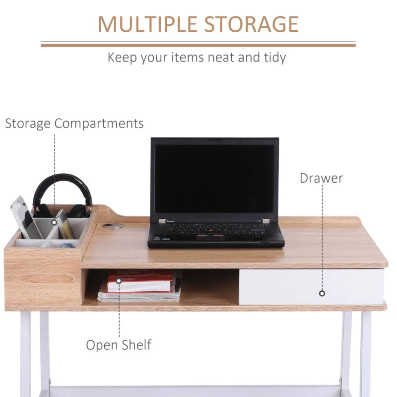 Modern Oak & White Computer Desk with Drawer, Storage, Cable Management - Stylish Writing & Study Workstation, 100x55x81.5cm