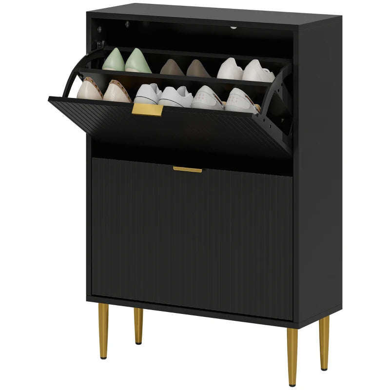 Narrow Black Shoe Cabinet with 2 Flip Drawers for Space Saving Storage