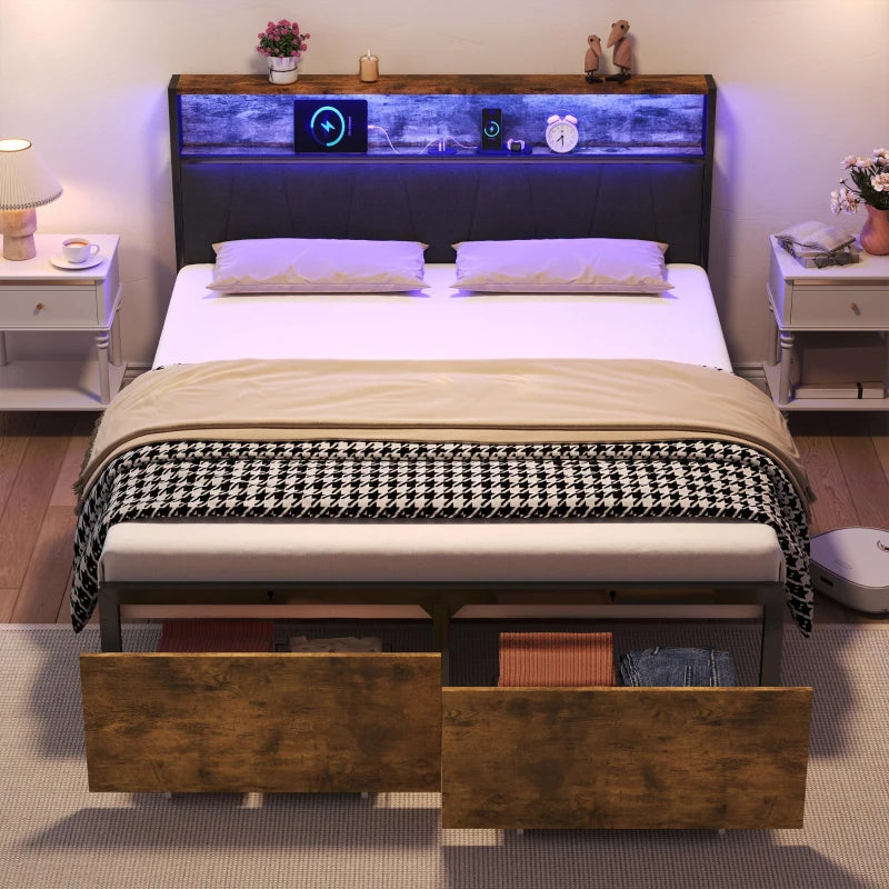 Stylish Black & Dark Walnut Double Bed Frame with Storage Drawers, RGB LED Headboard & Charging Station - 205L x 136W x 116H cm