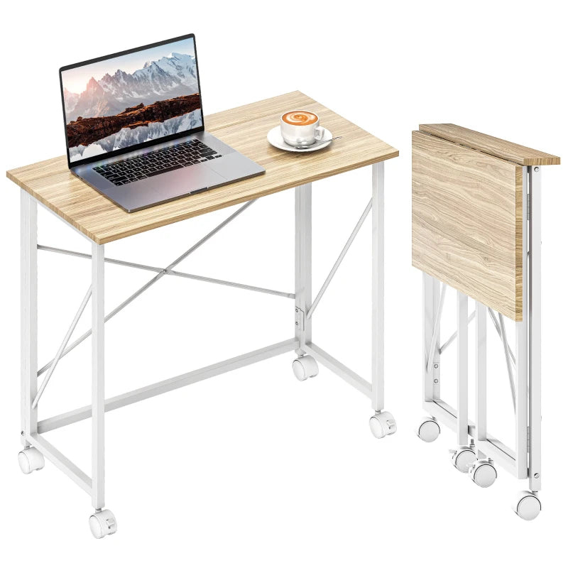 80 cm Folding Desk on Wheels - Natural Tone, Space-Saving Portable Workstation for Home Office, Study, and Crafting