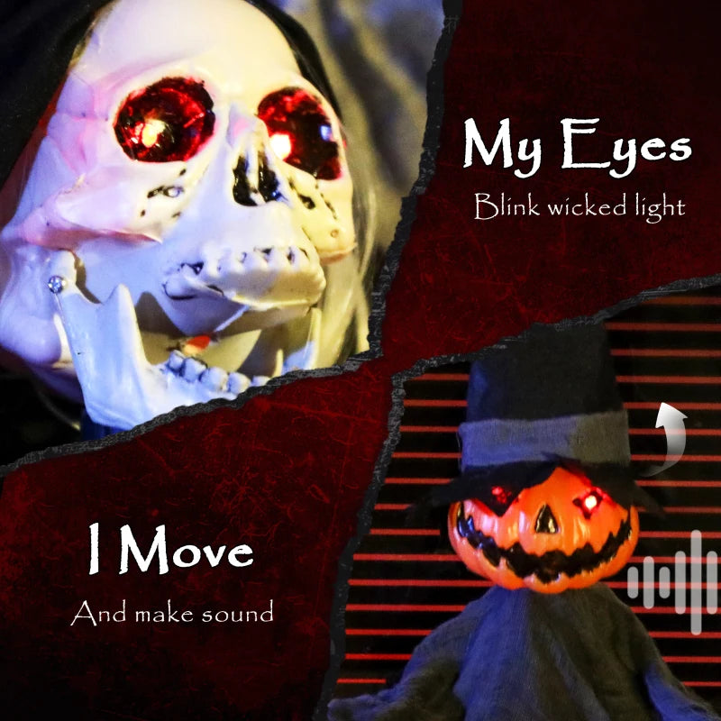 2pcs Animated Halloween Skull Bowl Set - LED Eyes, Moving Body, Creepy Sound - Skeleton Candy Dish for Party & Haunted House Decor