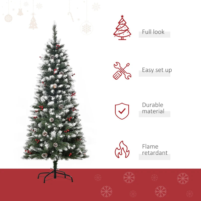 5FT Artificial Christmas Pencil Tree with Red Berries & Pinecones - Foldable Indoor Holiday Decoration, Green Xmas Tree