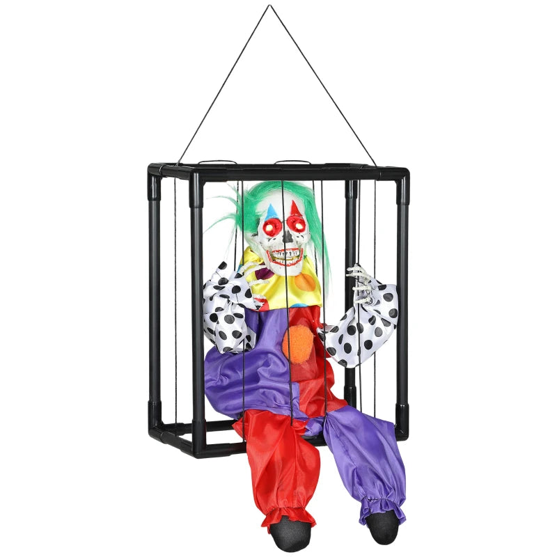 Spooky Animated Clown in Cage with LED Eyes - Scary Halloween Decoration, Battery Operated Indoor Party Prop