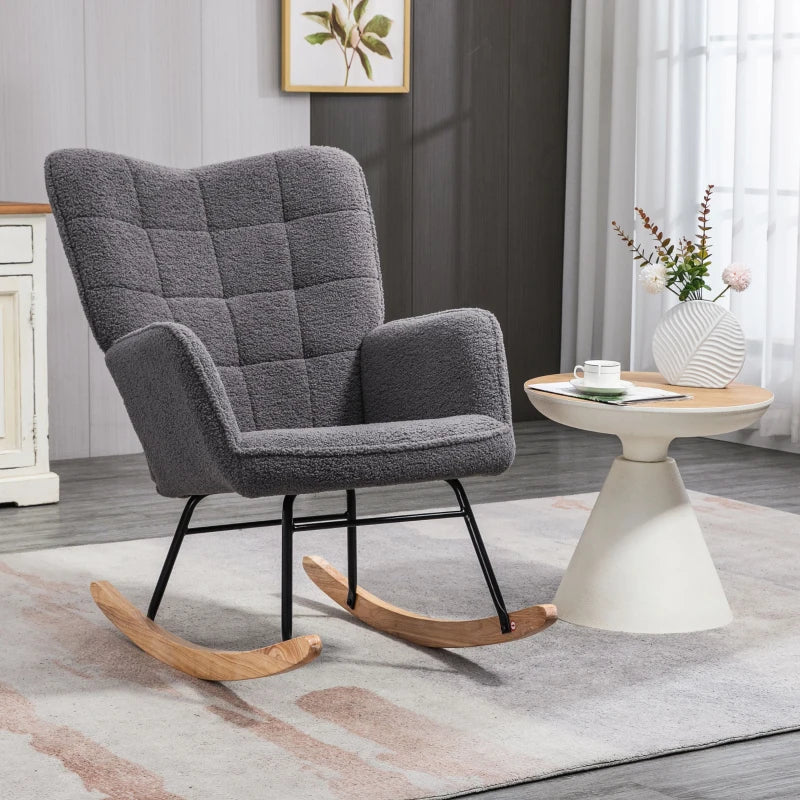 Berber Fleece Nursery Glider Rocker for Nursing, Wingback Rocking Chair in Dark Grey for Living Room