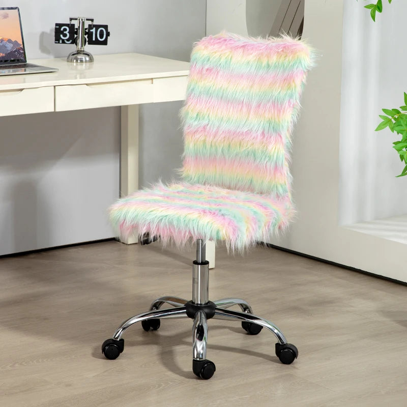 Fluffy Unicorn Desk Chair - Armless Adjustable Height Makeup Vanity Chair with Rolling Wheels for Home Study & Bedroom