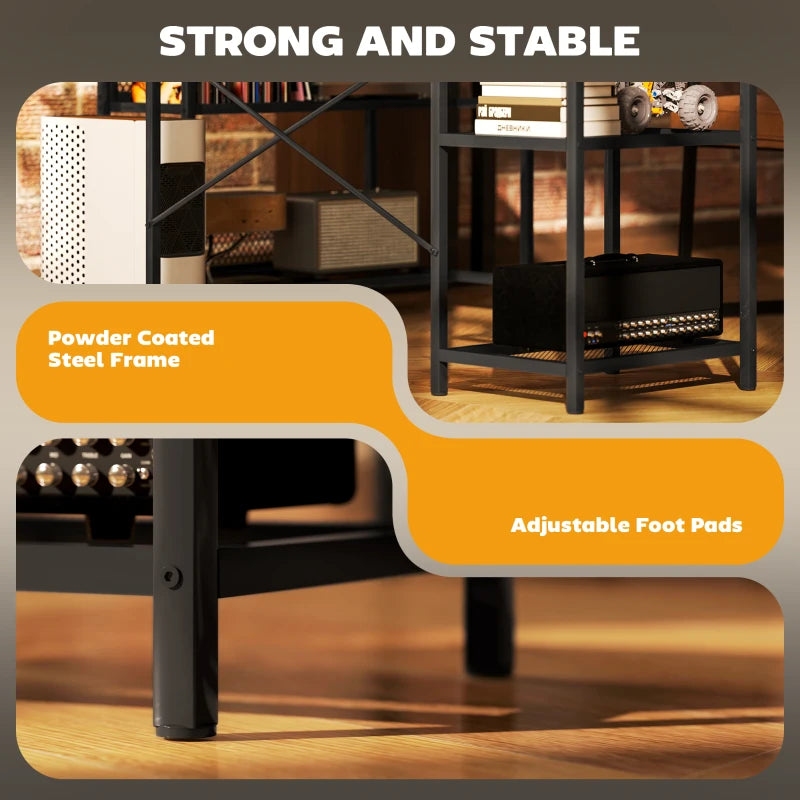 Modern LED Light 'L' Shape Computer Desk with Shelves - Stylish Brown Finish for Home Office