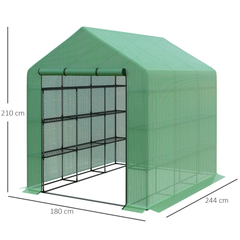 Portable Green 4 Tier Walk-in Greenhouse with Roll-up Door, 244 x 180 x 210cm