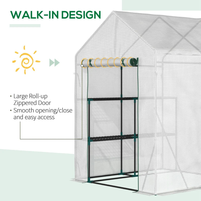 Portable Greenhouse with 2 Tier Shelf, Roll-Up Door, PE Cover - Green, 143x143x195cm