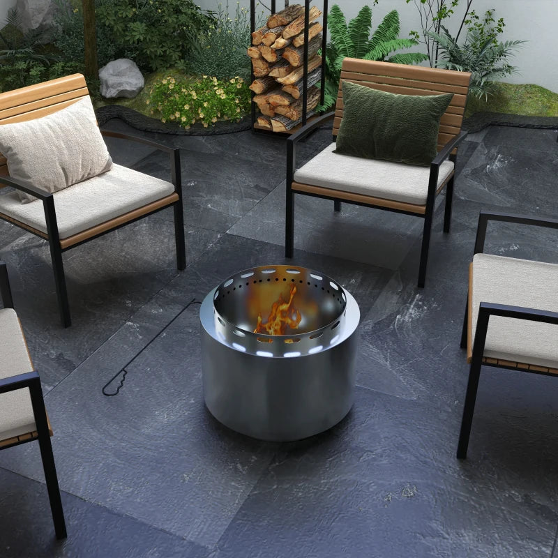 Portable Smokeless Fire Pit - 48.5cm Stainless Steel Wood Burning Firepit with Poker for Garden, Camping & Bonfire Parties