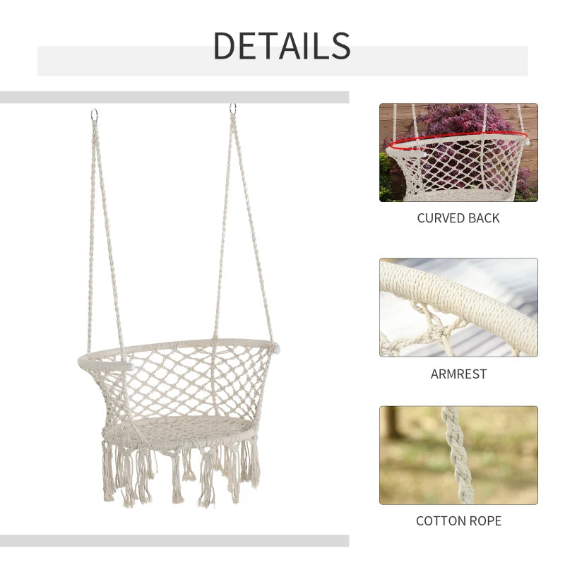 Cream White Macrame Hanging Rope Chair with Backrest for Outdoor and Indoor Use