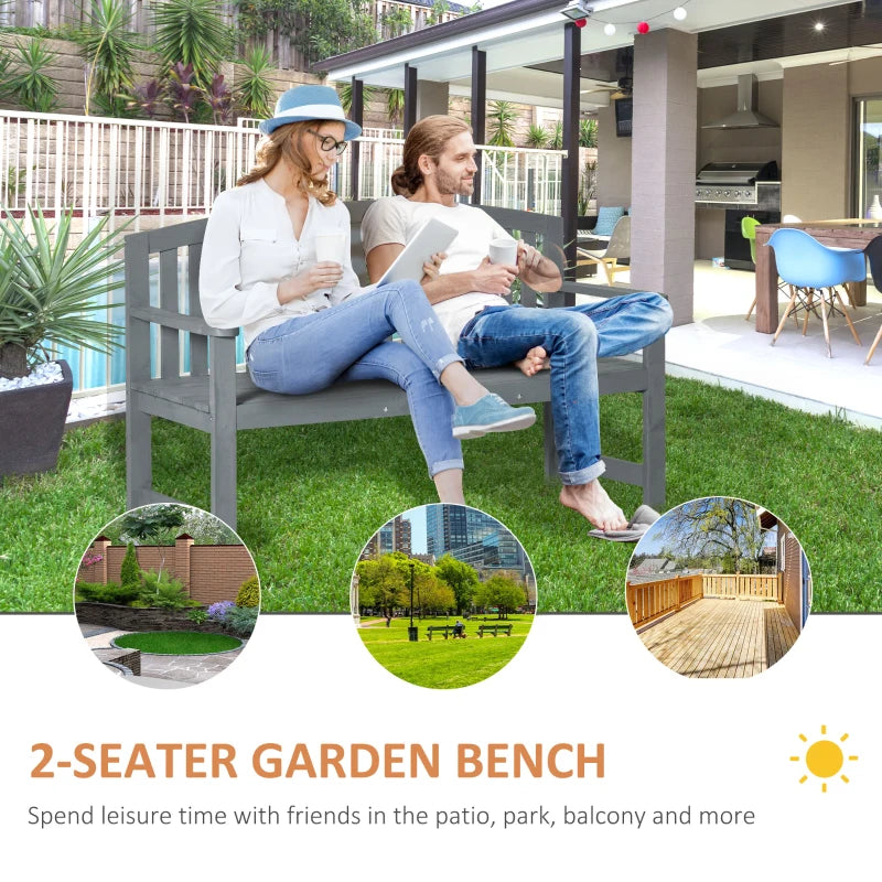 Grey 2-Seater Wooden Garden Bench with Armrest, Outdoor Furniture for Park & Balcony