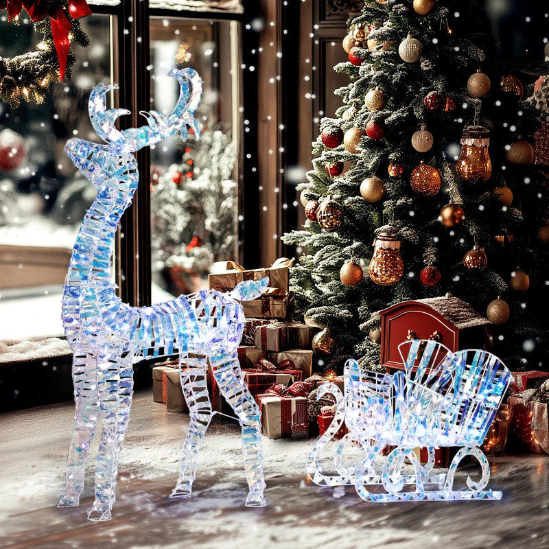 Lighted Christmas Reindeer Sleigh - 170 Warm White LED Outdoor Yard Decor, Waterproof Silver Holiday Decoration with Stakes